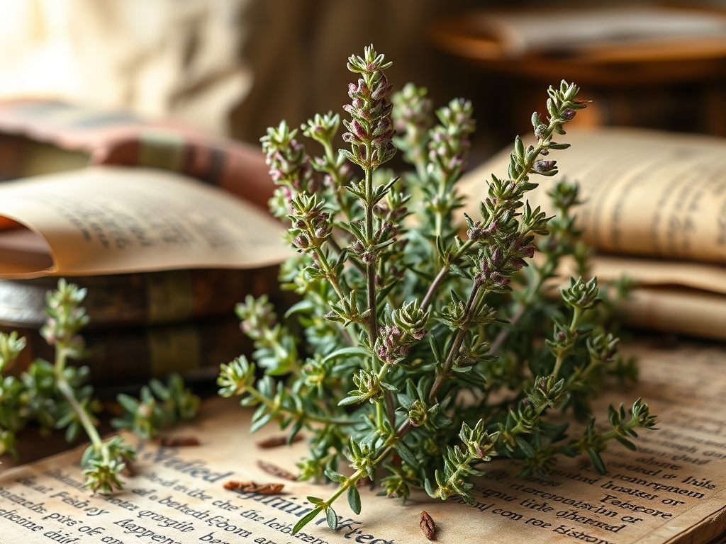 Bundles of fresh thyme sprigs laid on a wooden surface alongside ancient clay vessels used for herbal medicine preparation.