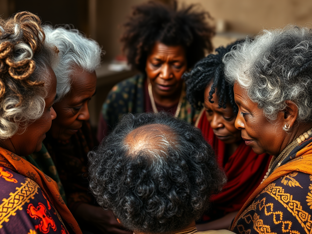 Dark-skinned African American elders in a healing circle, showcasing deep rich melanin and natural hair textures.