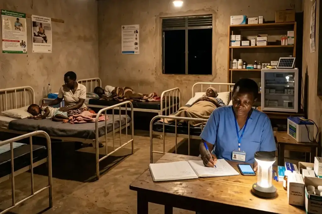 A healthcare worker reviews patient files under solar-powered lighting at a rural Ugandan health center