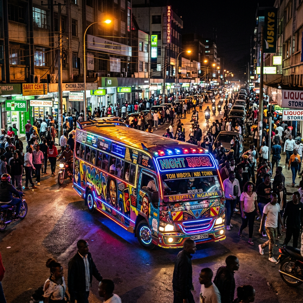 A brightly lit and intricately painted nganya matatu moves through Nairobi traffic at night, surrounded by onlookers whose faces glow in the vehicle's light