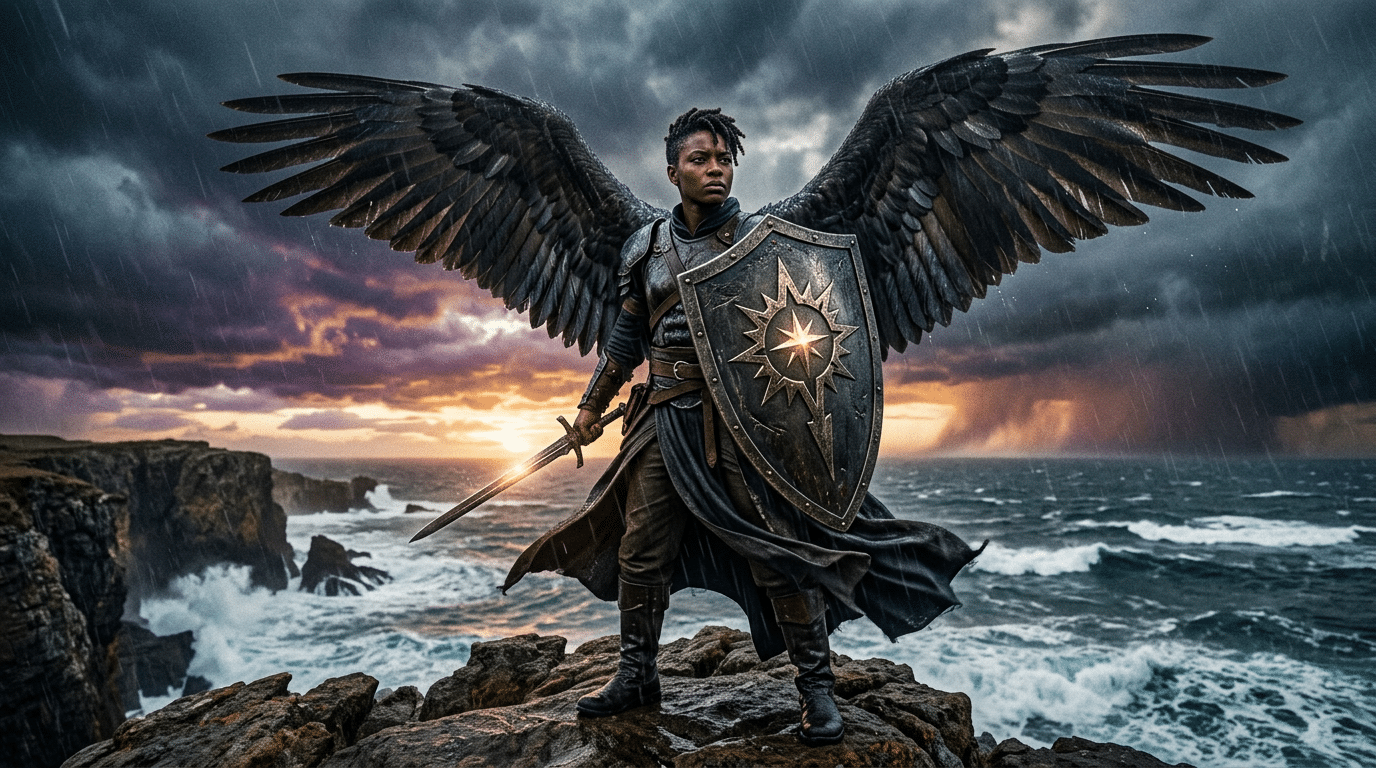 A Black angel with natural hair and dark wings holds a glowing golden shield at dawn against a clearing storm, representing Angel Hakamiah, the 16th Shem HaMephorash angel of loyalty and protection.